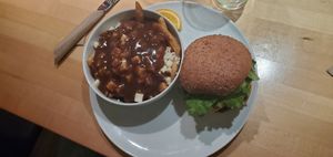 L'indien and vegan poutine at Chez Victor - St Jean in Quebec