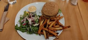 Le succulent burger Champoulet frit avec salade et frites. at Chez Victor - St Jean in Quebec