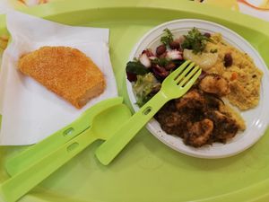 Vegan plate (salad, gnocchi, millet w veggies) and fried celery - all amazing 💗 at Klub Makrovega in Rijeka