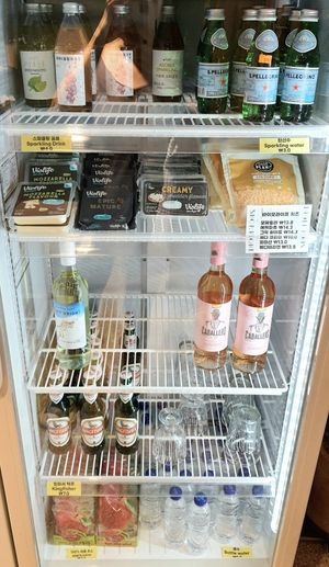 refrigerator section: vegan wine, beer, vegan cheese at Shop Right in Seoul