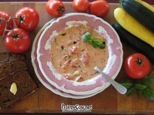 Tomato-basil soup, with fresh basil and zuchinni from the Cafe Regis organic gardens. at Cafe Regis in Red Lodge