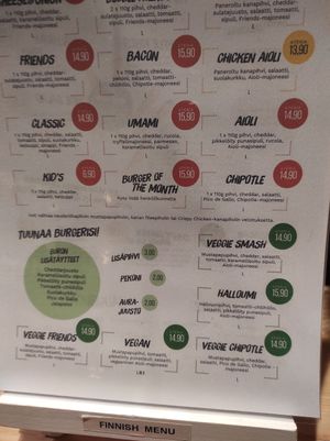 Menu at Friends & BRGRS in Rovaniemi
