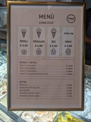 The Menu at Artico Gelateria in Milan