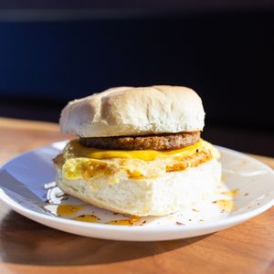 Vegan breakfast sandwich with impossible burger, just egg, and vegan cheese on a kaiser roll at People's Coffee in Durham