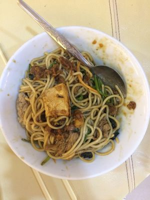 Ramen with bbq mock meat and mushrooms sauce at Mei Lin Vegetarian in Malacca