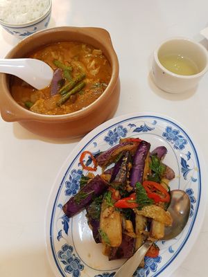 Curry veggies and "Three Cups Brinjal" (Brinjal cooked with soy sauce and basil). All were good. at Mei Lin Vegetarian in Malacca