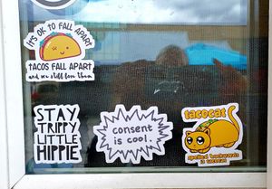Window stickers at The Groovy Floret in Portland