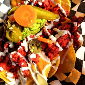 Nachos with chorizo at Granada Vegan Kitchen in Ensenada