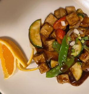 orange tofu  at Roots in Louisville