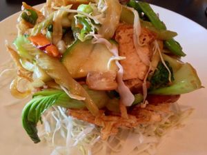 Crispy Potato Nest with tofu & vegan ham at Roots in Louisville