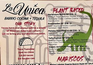 The menu has a plant based section right up top  at La Unica Cocina Mexicana Y Cantina in Lake Elsinore