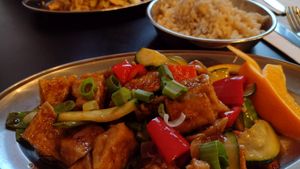 Orange tofu with side of brown rice at Heart and Soy in Louisville