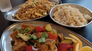 Singepore noodles, orange tofu & brown rice at Heart and Soy in Louisville