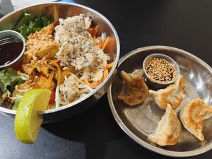 vermicelli bowl and pan fried pot stickers at Heart and Soy in Louisville