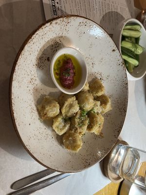 Leek and courgette pelmini   at The Sparrows in Manchester