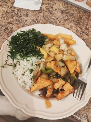 Black bean tofu, steamed rice, crispy seaweed and salt & chilli chips at Full Circle in South Shields