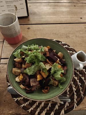 Al Horno -salad. Great salad but came with a lot of croutons even though the menu didn't mention them (and said the dish was gluten free) at Dos Aguas Lodge in Rincon Del Mar