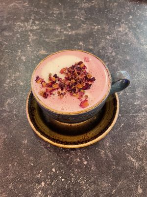 Pink chai latte with oat milk  at The Little Bakery in South Queensferry