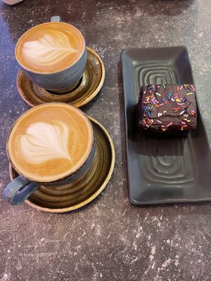 Oat lattes and chocolate cake   at The Little Bakery in South Queensferry