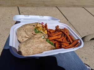 Chickpea shawarma wrap with sweet potato fries at Native Foods - The Loop in Chicago