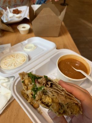 Cauliflower Chickpea Shawarma Wrap with Season soup. Paper box has Cauliflower Dippers ($8.50). at Native Foods - The Loop in Chicago