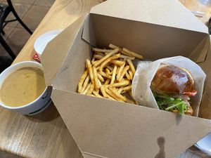 ‘Chicken’ pretzel burger, fries and chowder at Native Foods - The Loop in Chicago