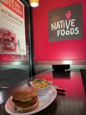 The Red Nashville Hot with a side of Mac & Cheese! I think that’s my (sandwich) Catfish in the back 👀  at Native Foods - The Loop in Chicago