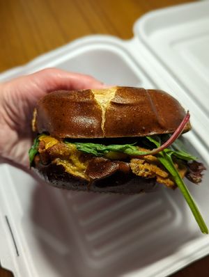 Chicken bacon avo club on a pretzel bun at Native Foods - The Loop in Chicago