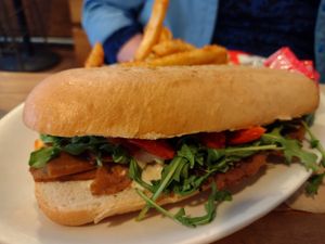 Limitee time bistro steak sandwich with fries at Native Foods - The Loop in Chicago