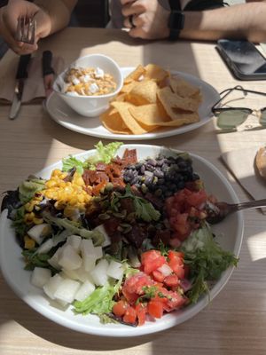 Bbq chicken salad and elote with chips  at Native Foods - The Loop in Chicago