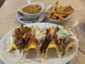 Tacos 3 ways, soup of the day and seasoned friesd  at Native Foods - The Loop in Chicago