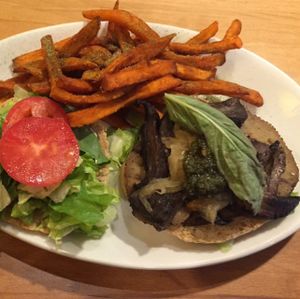 mushroom sausage burger was phenomenal and when the server asks if you want chipotle mayo with your sweet potato fries, say yes!! at Native Foods - The Loop in Chicago