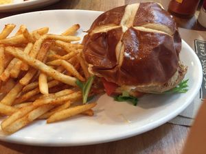 Chicken burger with seasoned fries  at Native Foods - The Loop in Chicago