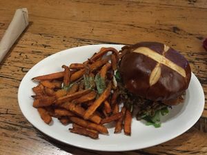 Cherry Chocolate BBQ Brisket with sweet potato fries at Native Foods - The Loop in Chicago