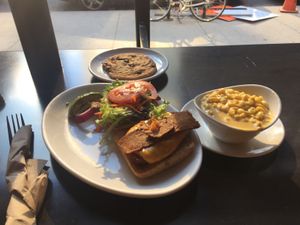 Bacon, Avocado, and Tomato Club w/ Mac & Cheese and Chocolate chip cookie at Native Foods - The Loop in Chicago