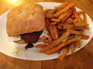 Real Nashville Hot Combo with sweet potato fries at Native Foods - The Loop in Chicago
