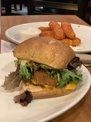 Double burger with vegan cheese / made-of-plants chicken wings at the back at Native Foods - The Loop in Chicago