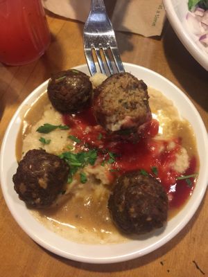 Swedish meatballs with cauli mash. Yum! at Native Foods - The Loop in Chicago