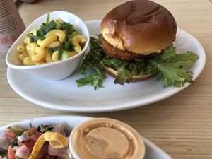 Buffalo chicken burger w/ Mac and cheese on the side. The Mac was kinda meh, but the burger was really good!   at Native Foods - Lakeview in Chicago