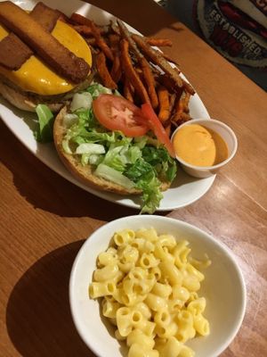 Build Your Own Burger with Sweet potato Fries and Mac n Cheese at Native Foods - Lakeview in Chicago