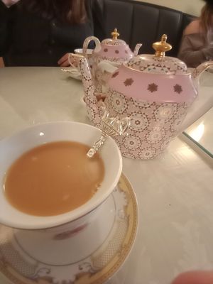 Tea with oat milk at Shelly's Tea Rooms in Plymouth