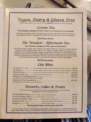 Specialty diet portion of the menu. Many vegan options! at Shelly's Tea Rooms in Plymouth