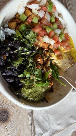 Vegan bowl with tofu and curry and bbq sauce  at Five on Black in Bozeman