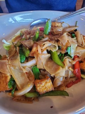 Drunken noodles, SO good. Fried tofu is flavorful at Sirinat Thai in San Pedro