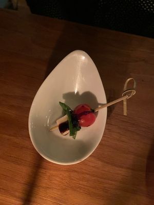 a complimentary amuse bouche - caprese bite
(SO good– wish we could have had an entire salad of it) at Osteria Du in Toronto