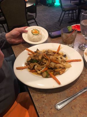 Prix Pow with soy chicken and jasmine rice.  at Buddha's Belly in Jacksonville Beach