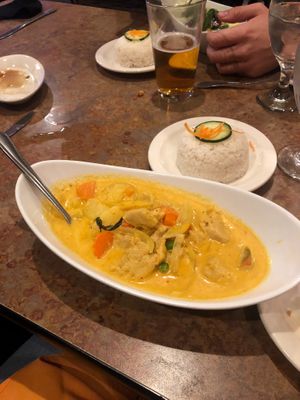 Yellow Curry with soy chicken and jasmine rice.  at Buddha's Belly in Jacksonville Beach