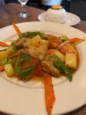 Sweet and tangy entree with soy chicken at Buddha's Belly in Jacksonville Beach