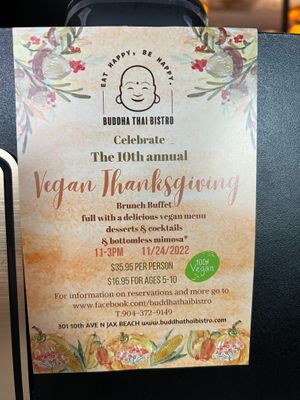 Vegan Thanksgiving buffet flyer at Buddha's Belly in Jacksonville Beach