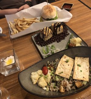 Vegan Burger, Tofu Steak, and vegan fried ricee  at Cafe Kitchen in Guam